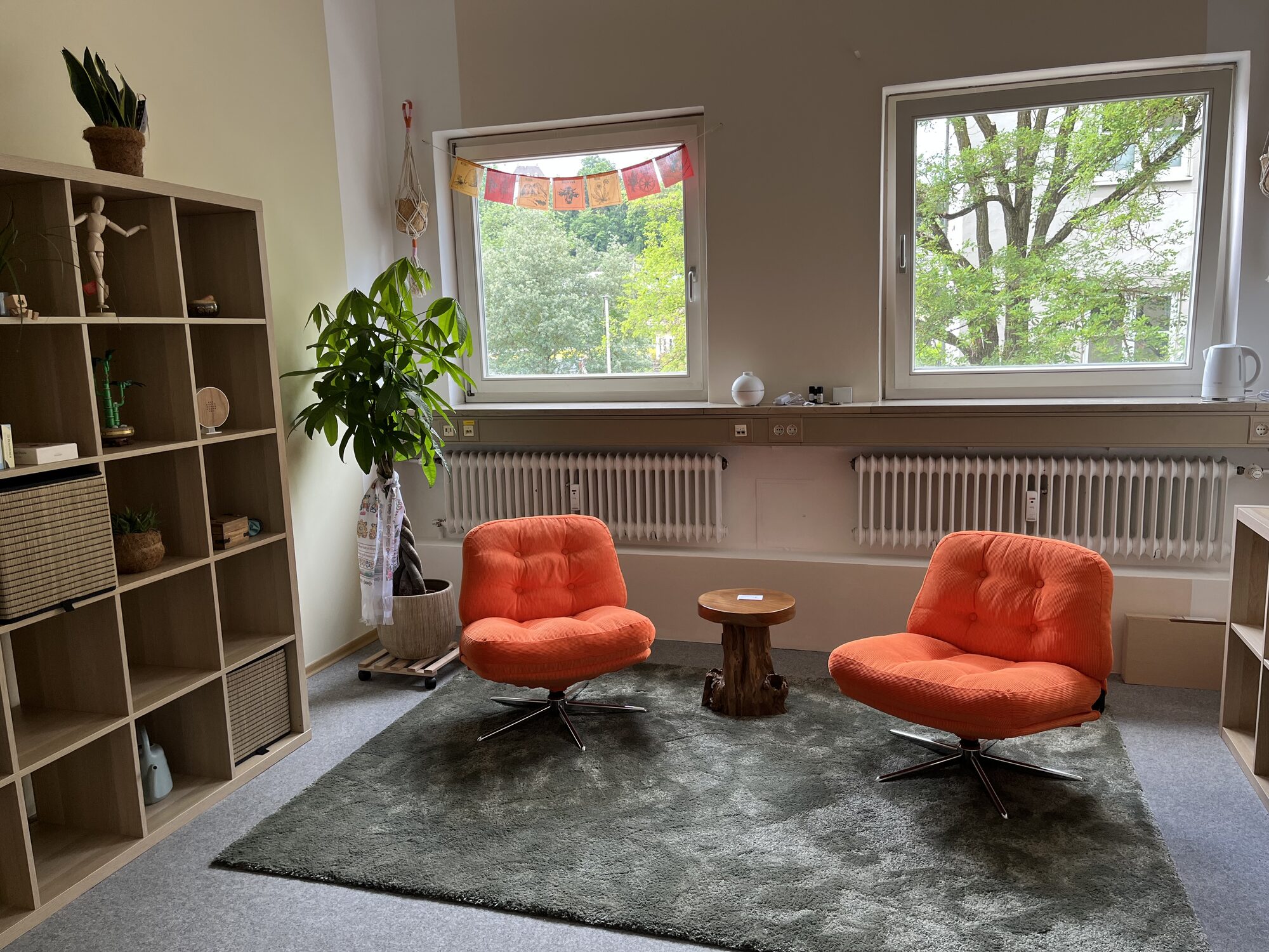 Praxisraum von Fehrensen Coaching in Trostberg mit zwei Sesseln, Pflanzen und viel Tageslicht